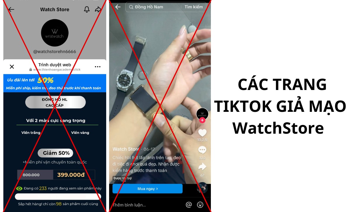Các trang tiktok giả mạo WatchStore